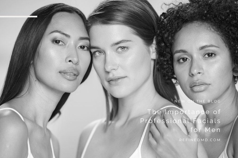 Three women with clear skin looking at the camera.