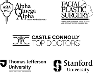 Alpha Omega Alpha Honor Medical Society, American Academy of Facial Plastic and Reconstructive Surgery Inc., Castle Connolly Top Doctors, Thomas Jefferson University, Stanford University Logos