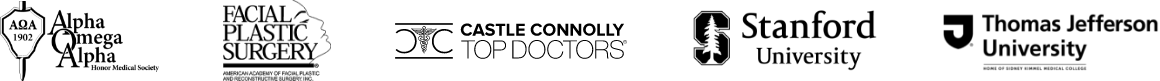 Alpha Omega Alpha Honor Medical Society, American Academy of Facial Plastic and Reconstructive Surgery Inc., Castle Connolly Top Doctors, Thomas Jefferson University, Stanford University Logos